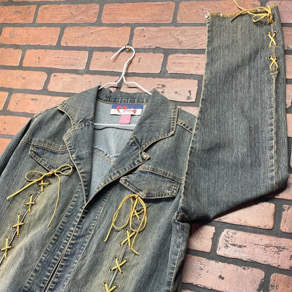Mwah Jeans Y2K Acid Wash Denim duster Jacket Raw Frayed Edge Cord Leather Lacing